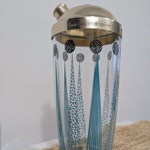 MCM Mid-Century Modern Cocktail Shaker with Aqua and Black Geometric Decoration